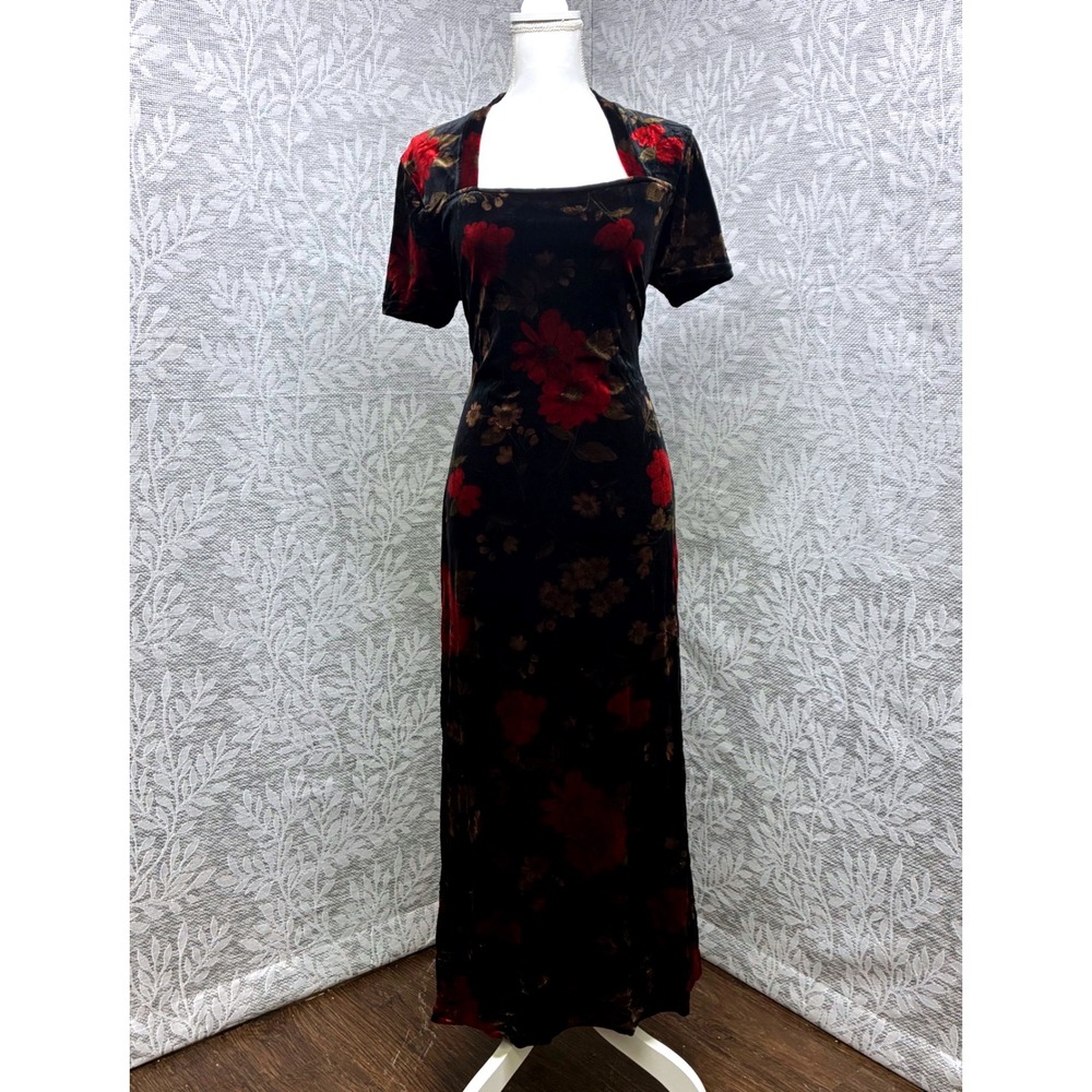 Vtg Kathie Lee Velvet Floral Maxi Dress Large Whimsigoth Dark Victorian Romance